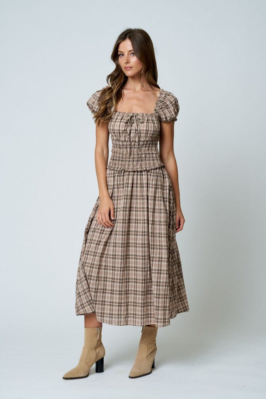 Plaid puff sleeve ruffled smocked waist midi dress