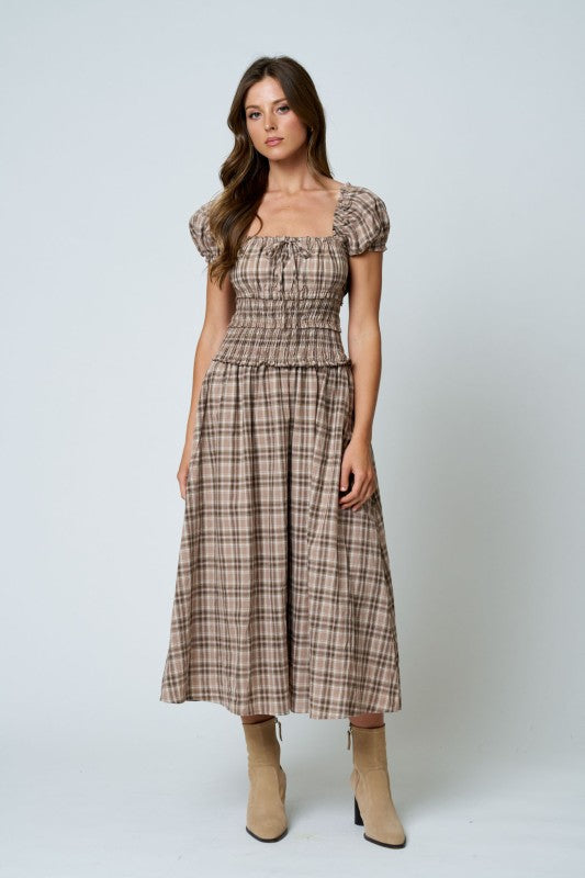 Plaid puff sleeve ruffled smocked waist midi dress