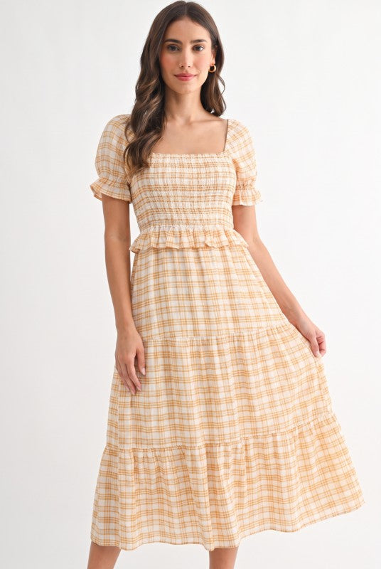 Checked Midi Dress With Puff Sleeves