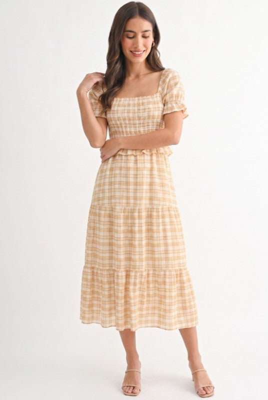 Checked Midi Dress With Puff Sleeves