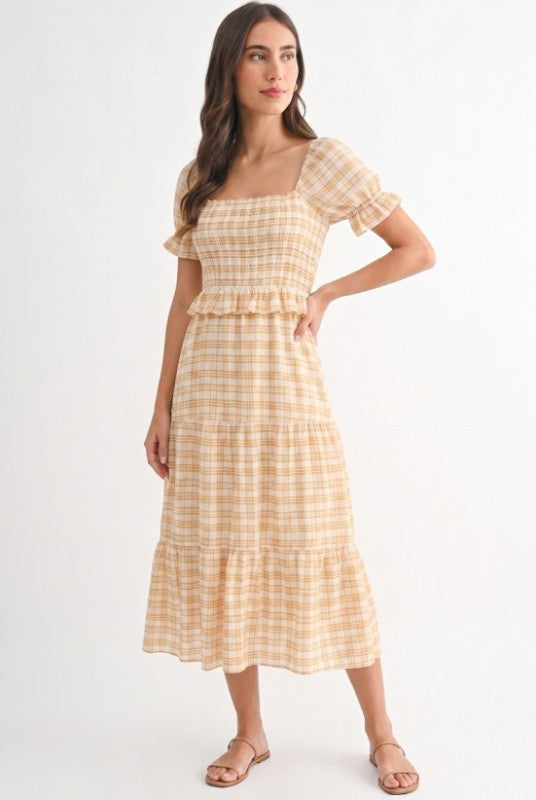 Checked Midi Dress With Puff Sleeves