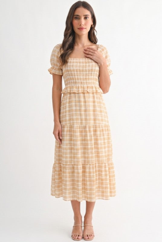 Checked Midi Dress With Puff Sleeves